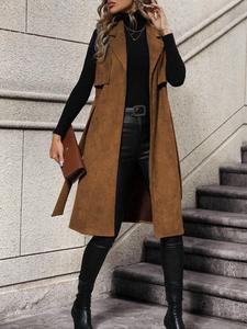 Women's Solid Lapel Belted Vest Coat, Casual Fashion Longline Outerwear for Daily Outdoor Wear, Women's Clothing for Fall & Winter