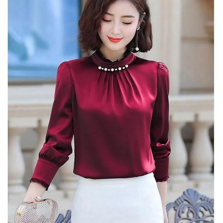 Áo Sơ Mi Voan Cổ Lọ Dài Tay, Dáng Rộng Vừa Vặn, Ngoại Cỡ, Làm Bằng Lụa Nhân Tạo, Thích Hợp Cho Phụ Nữ, Hàng Mới Về Mùa Thu 2024, Có Quần Cho Nữ