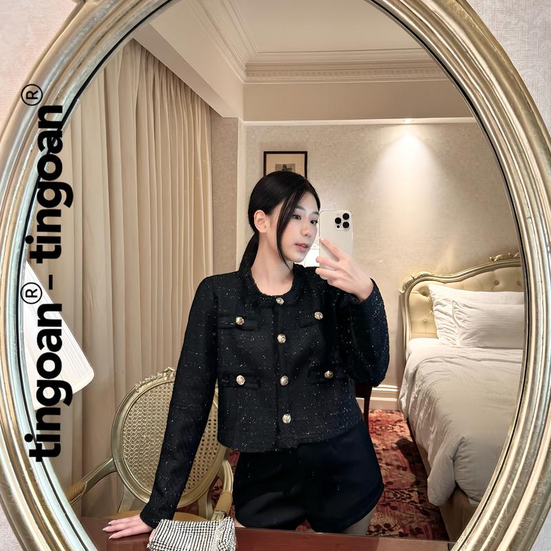 TINGOAN - Áo khoác tweed lửng phẩy đen có cúc cài tingoan FLORENCE JACKET V2/BL phiên bản mới nhất tháng 10.2023
