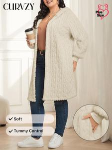 CURVZY Plus Size Solid Textured Drop Shoulder Flannelette Hooded Coat, Casual Long Sleeve Pocket Open Front Outerwear for Fall & Winter, Women's Clothes for Daily Wear