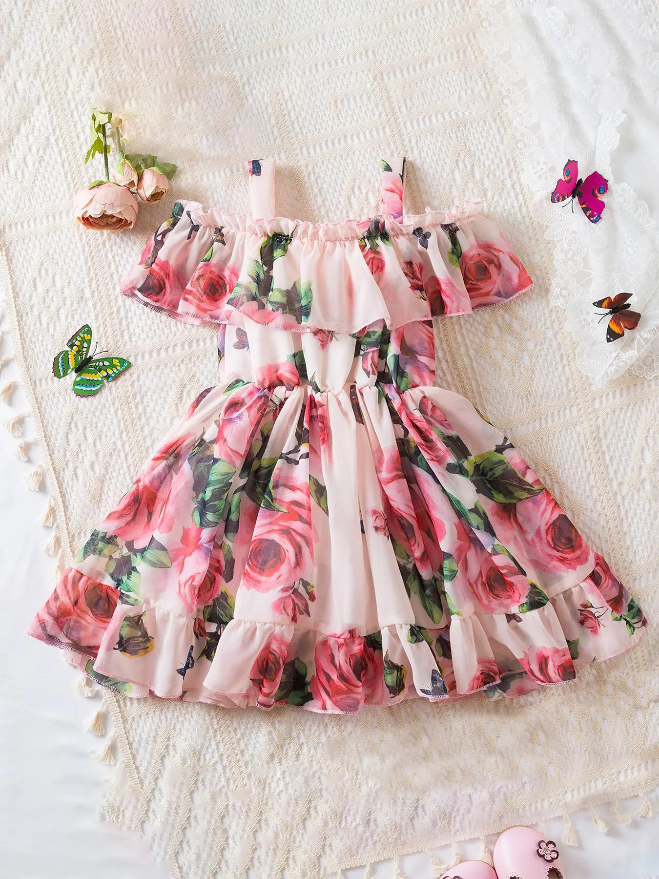 Girl's Floral & Butterfly Print Cold Shoulder Ruffle Trim Dress, Cute Short Sleeve Frill Trim A Line Dress for Party Holiday Wedding Guest, Kids Clothes for All Seasons