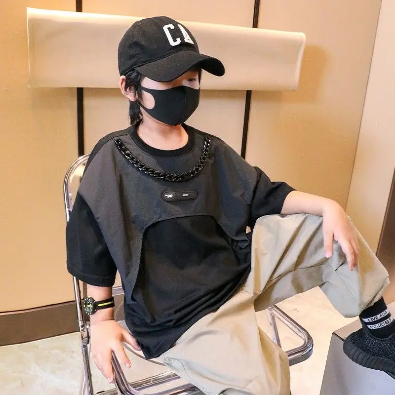 Áo Thun Cotton Ngắn Tay, Cho Bé Trai, Quần Áo Mùa Hè Mới, Dáng Rộng Rãi Và Thường Ngày, Dành Cho Trẻ Em, Tay Lỡ, Thời Trang, Cỡ Trung Bình Và Lớn