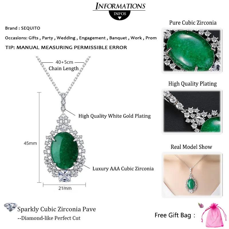 Product Introduction of SEQUITO Unique Oval Cut Emerald Green Stone Pendant Chain Necklace with Cubic Zirconia Fashion Women Anniversary Gift SN014 9