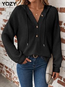 YOZY Women's Plain Jacquard Button Front Drawstring Hoodie, Casual Raglan Sleeve Hooded Sweatshirt for Spring & Fall, Fashion Women's Top for Daily Wear