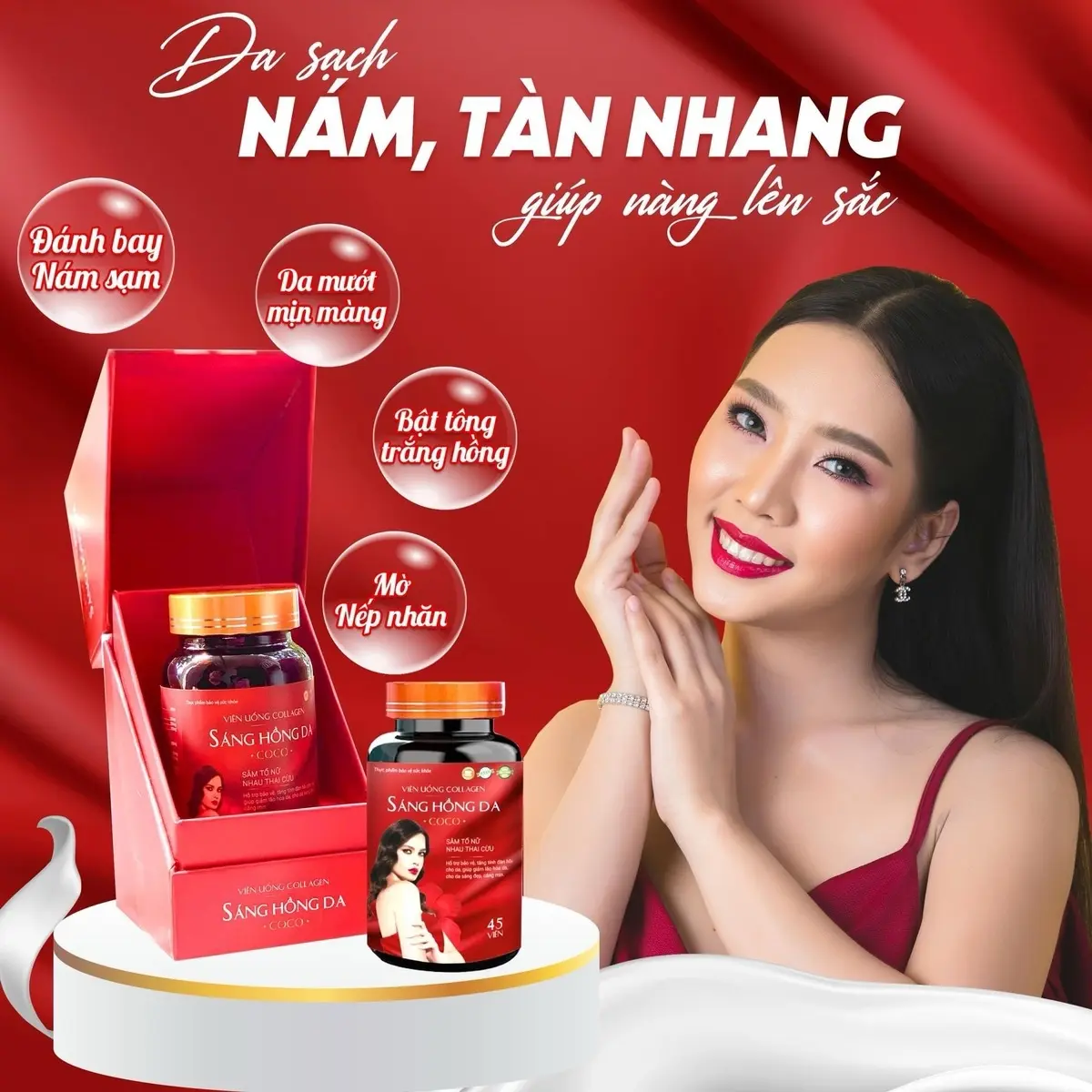 Sáng Hồng Da CoCo_Viên Uống Colagen giúp cho da sáng mịn, ngăn ngừa lão hoá da . hộp 45 viên