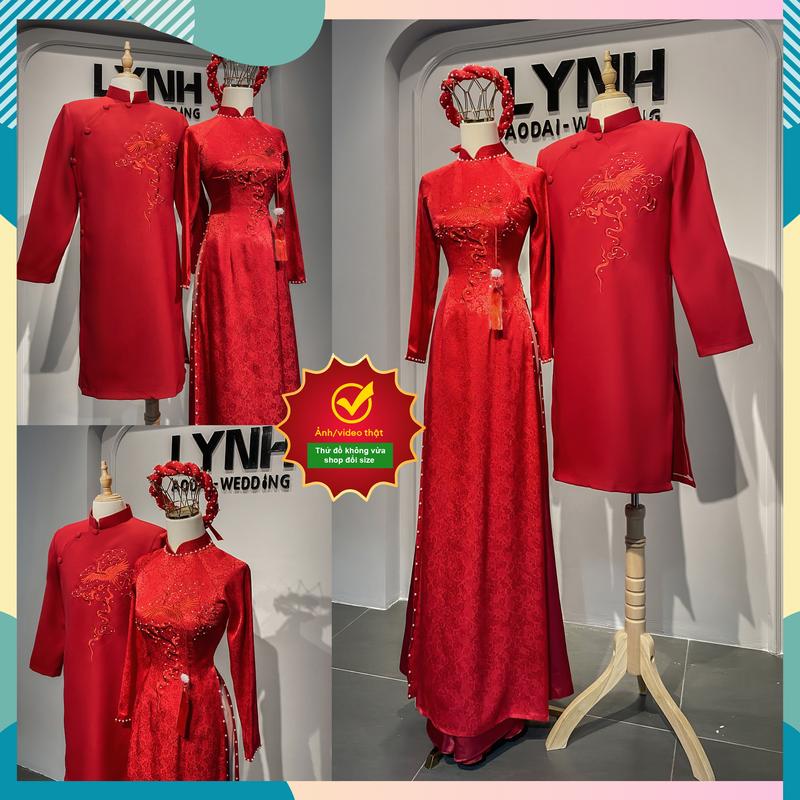  Áo dài cưới cô dâu chú rể Thêu phượng đỏ đính ngọc Nữ Voan Áo Cưới Váy Cưới Women Dress Thun Kem 