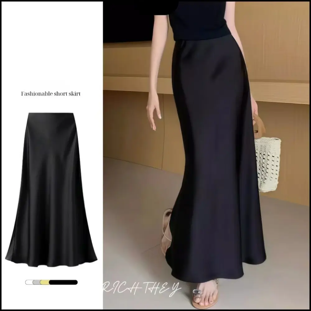 RICH-THEY Chân Váy Dài Chất Liệu Lụa  Váy Chữ A Mịn Màng Satin Gợi Cảm Thời Trang Mới Dành Cho Nữ