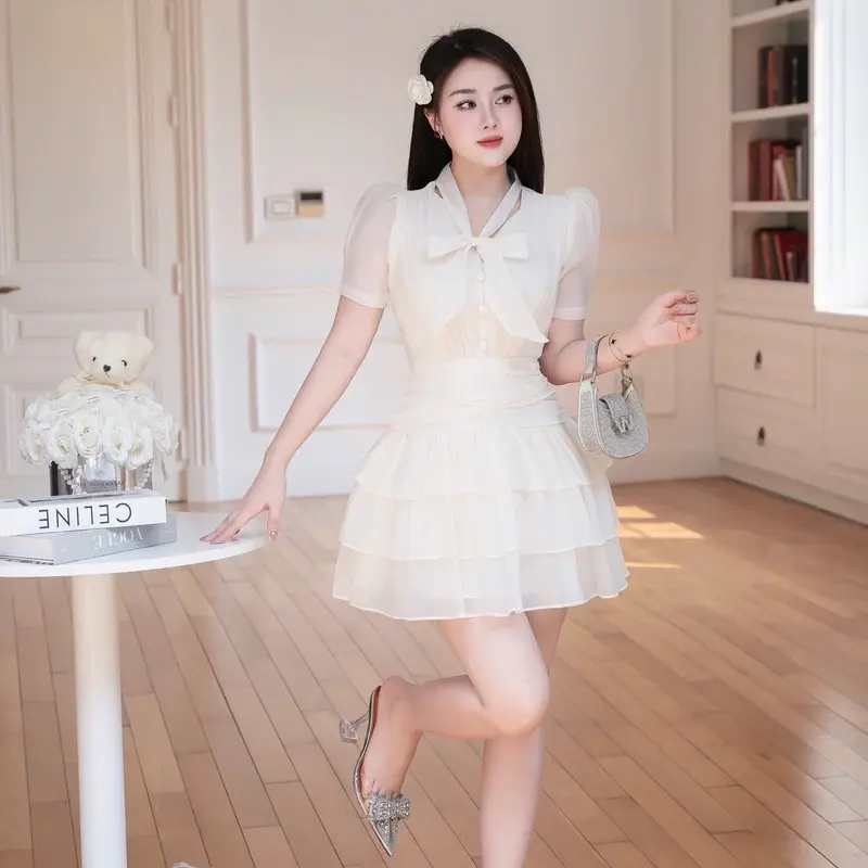 Lali_váy tơ xốp xoè tầng buộc nơ cổ cúc bọc sang chảnh_Ll060 4