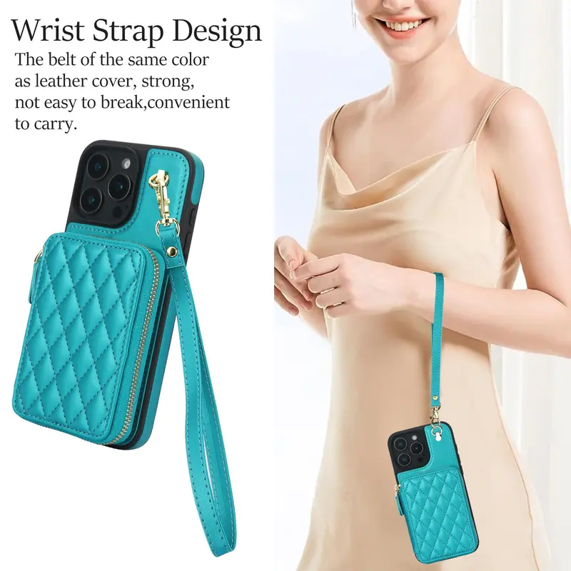 Fashionable Quilted Pattern Zipper Phone Case with Card Slot & Hand Strap, PU Leather Phone Cases for iPhone 16 Pro Max 15 Plus 14 Plus 13 12, Cover 6