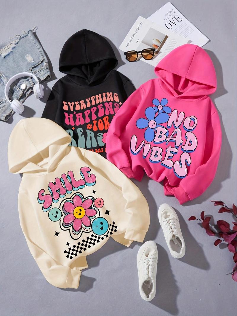 Product Introduction of Girl's Letter Print Drop Shoulder Hoodie, Fashion Casual Hooded Sweatshirt for Daily Outdoor Wear, Girls Clothing for Fall & Winter 1