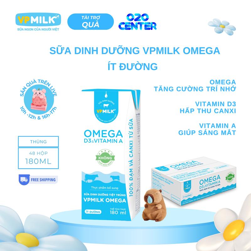 Thùng 48 hộp 180ml Sữa dinh dưỡng VPMilk Omega ít đường Sữa Omega hỗ trợ sáng mắt chắc xương tăng cường trí nhớ dành cho bé và cả nhà bổ sung dưỡng chất thiết yếu MS1