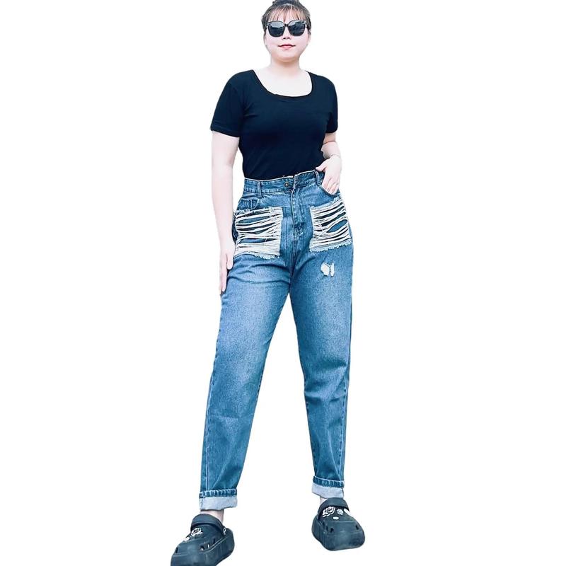 Quần Jeans Baggy Nữ Big Size Lưng cao Rách Bụi 55kg đến 90kg Rách Túi Có Lót Trong Hot Trend 4485 4487 Denim Pants Women
