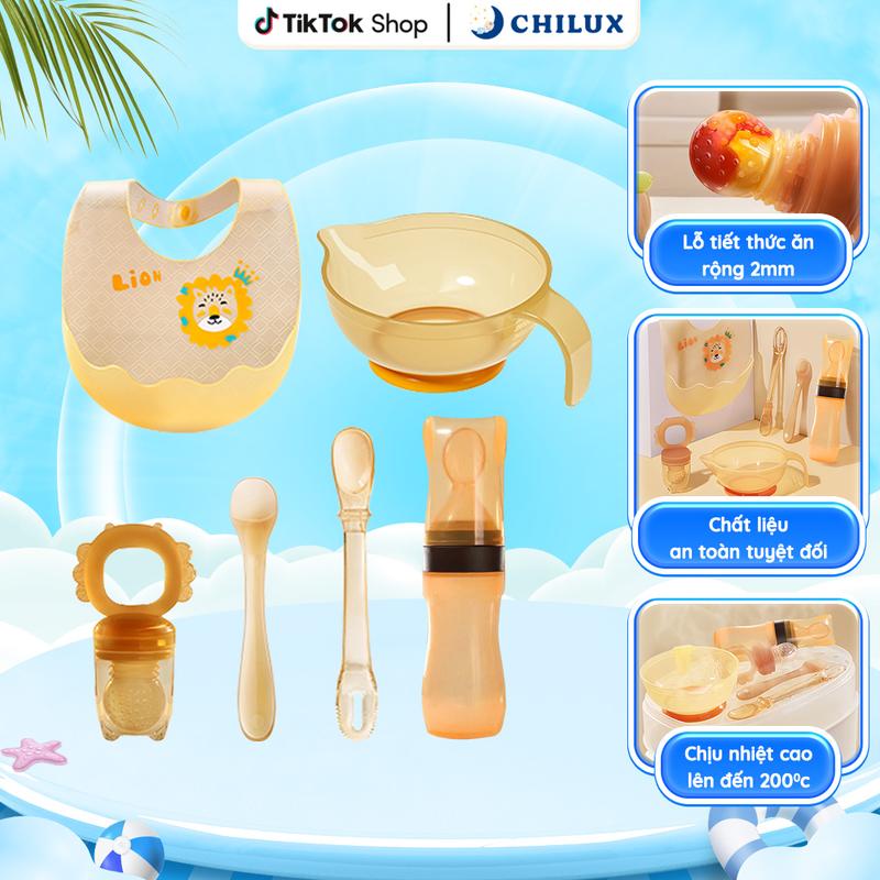 Bộ dụng cụ ăn dặm cho bé Chilux F1 - Chén nhựa, muỗng, bình đựng cháo, túi tập nhai, yếm ăn dặm
