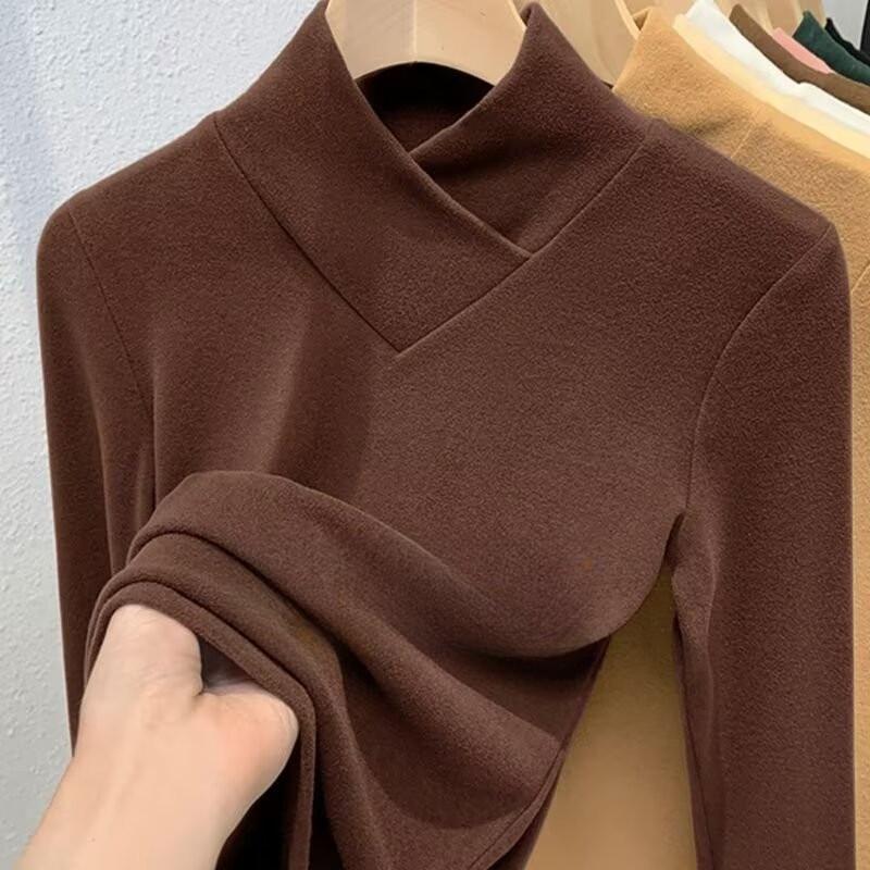 Áo Giữ Nhiệt Cho Nữ, Phong Cách Đường Phố Hàn Quốc, Áo Dài Tay Ngoài Trời Mùa Thu, Cổ Lọ Nửa, Cổ Chéo, Đồ Mặc Bên Trong Ấm Áp, Có 6 Màu, Cỡ S-3XL, Thời Trang Đường Phố 2