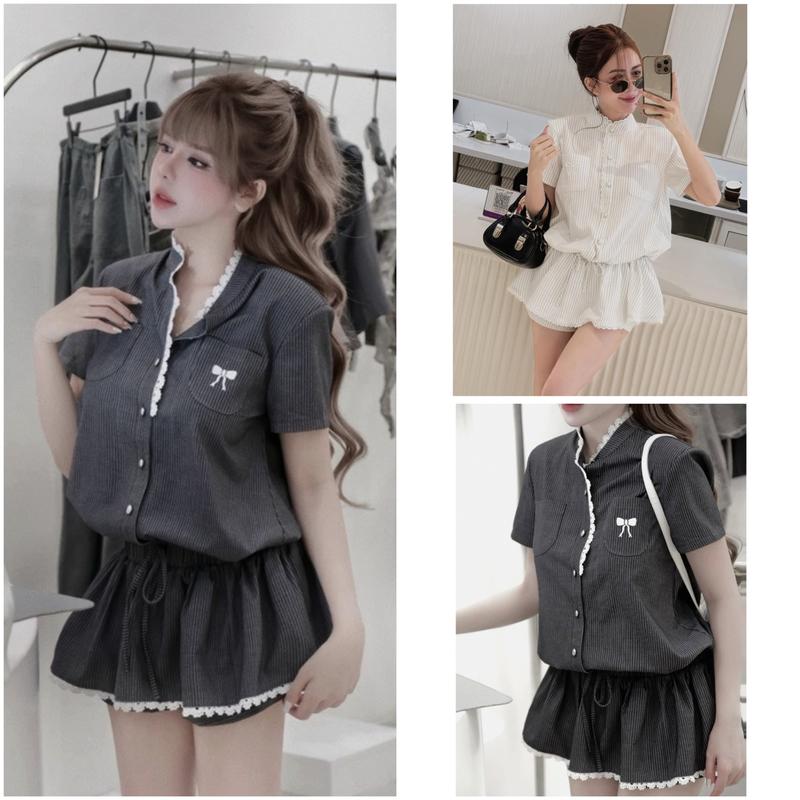 SET Jumpsuit cộc tay phối ren có túi thêu nơ KÈM QUẦN khóa kéo= Hân Linh Shop