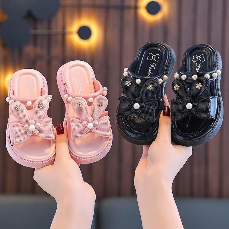 Dép Lê quai ngang nơ hoa tai thỏ đính hạt siêu xinh cho bé