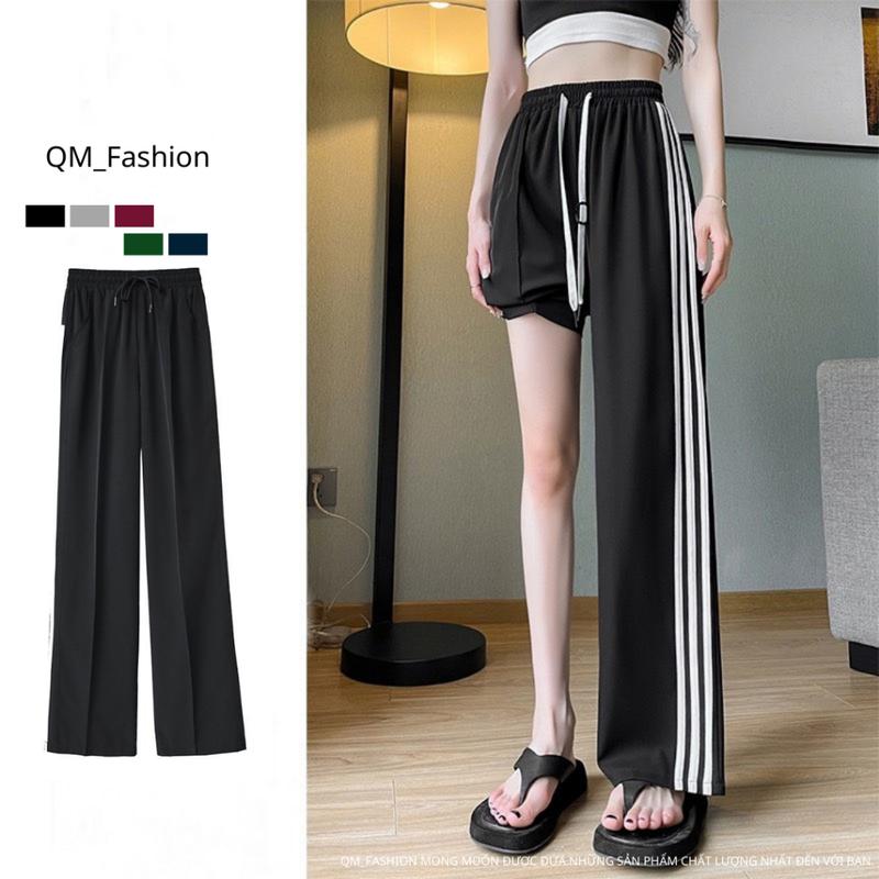 Quần dài thể thao 3 sọc suông nữ ống rộng  chất thun poly 2 da mặt vải đanh mịn độ đàn hồi tốt, quần sọc mặc nhà dạo phố 0
