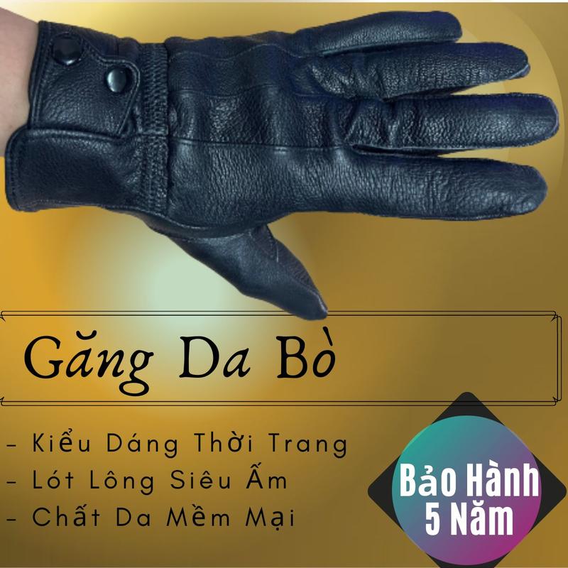  Găng Tay Da Bò 2 Khuy Nam Màu Đen Đi Mưa Thoải Mái Dễ Lái Xe - Không Bong Không Nổ - Bảo Hành Da Thật 5 Năm gang 