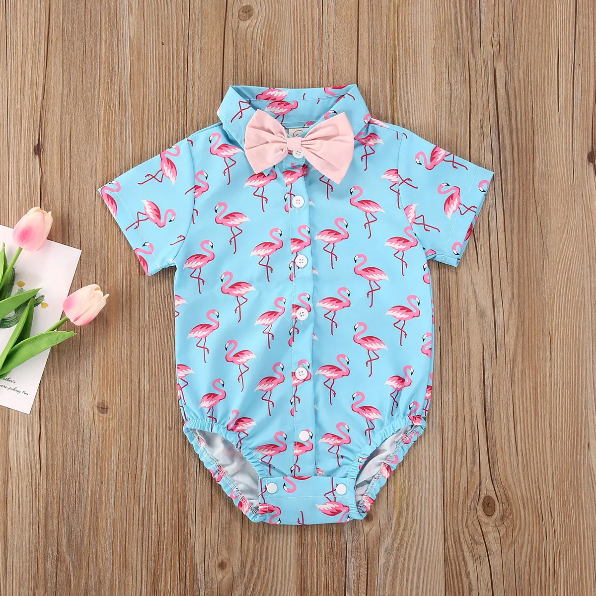 Newborn Baby Boys Jumpsuit, Casual Short Sleeve Cartoon Printed Romper+Solid Color Bow Tie