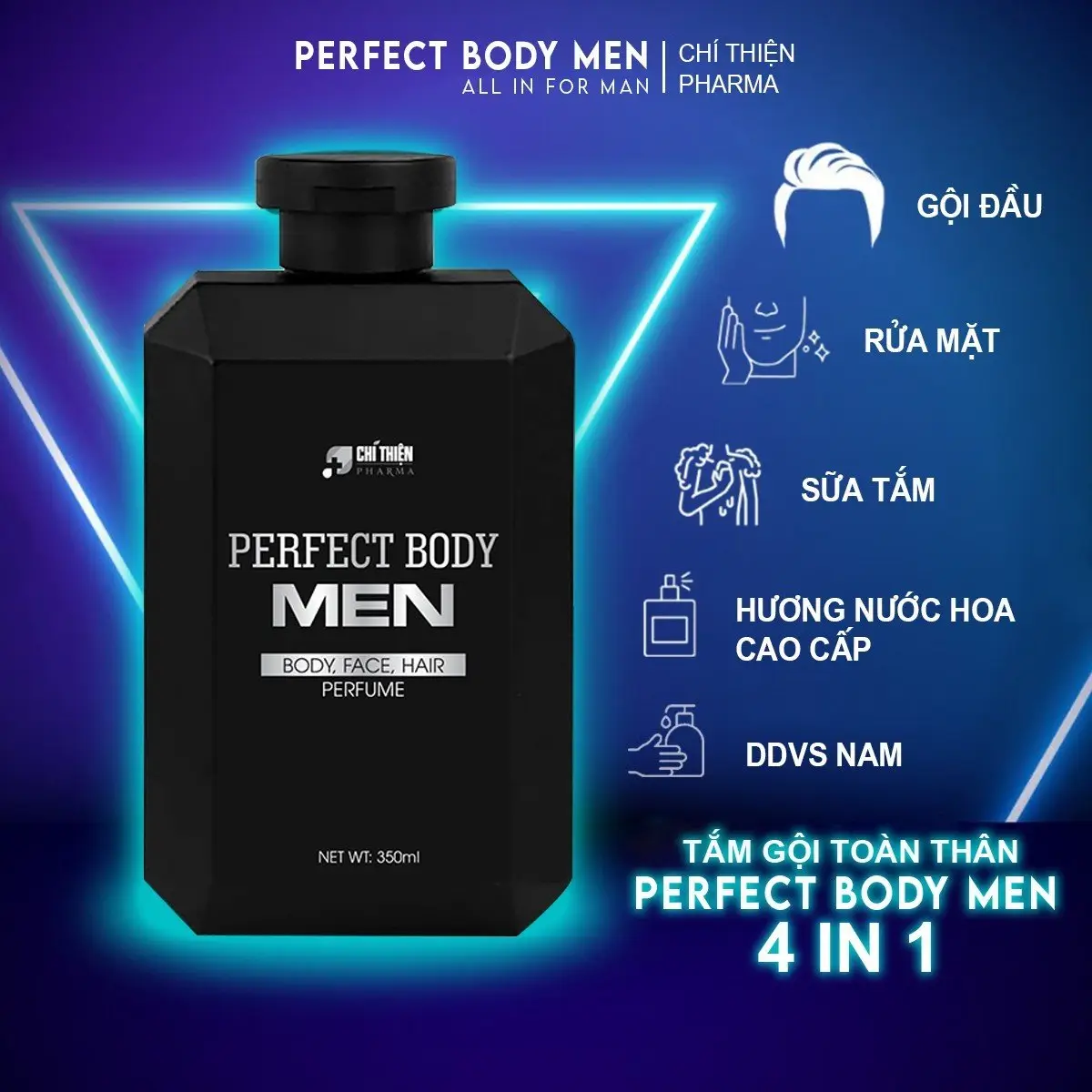 Dầu Gội Sữa Tắm Nam 4In1 Perfect Body Men - Chí Thiện Hương Nước Hoa Nam Cao Cấp 350Ml Không Chứa Cồn Collagen Khử Mùi Hôi Dưỡng Thể Massage Chăm Sóc Cơ Thể Nam Giới