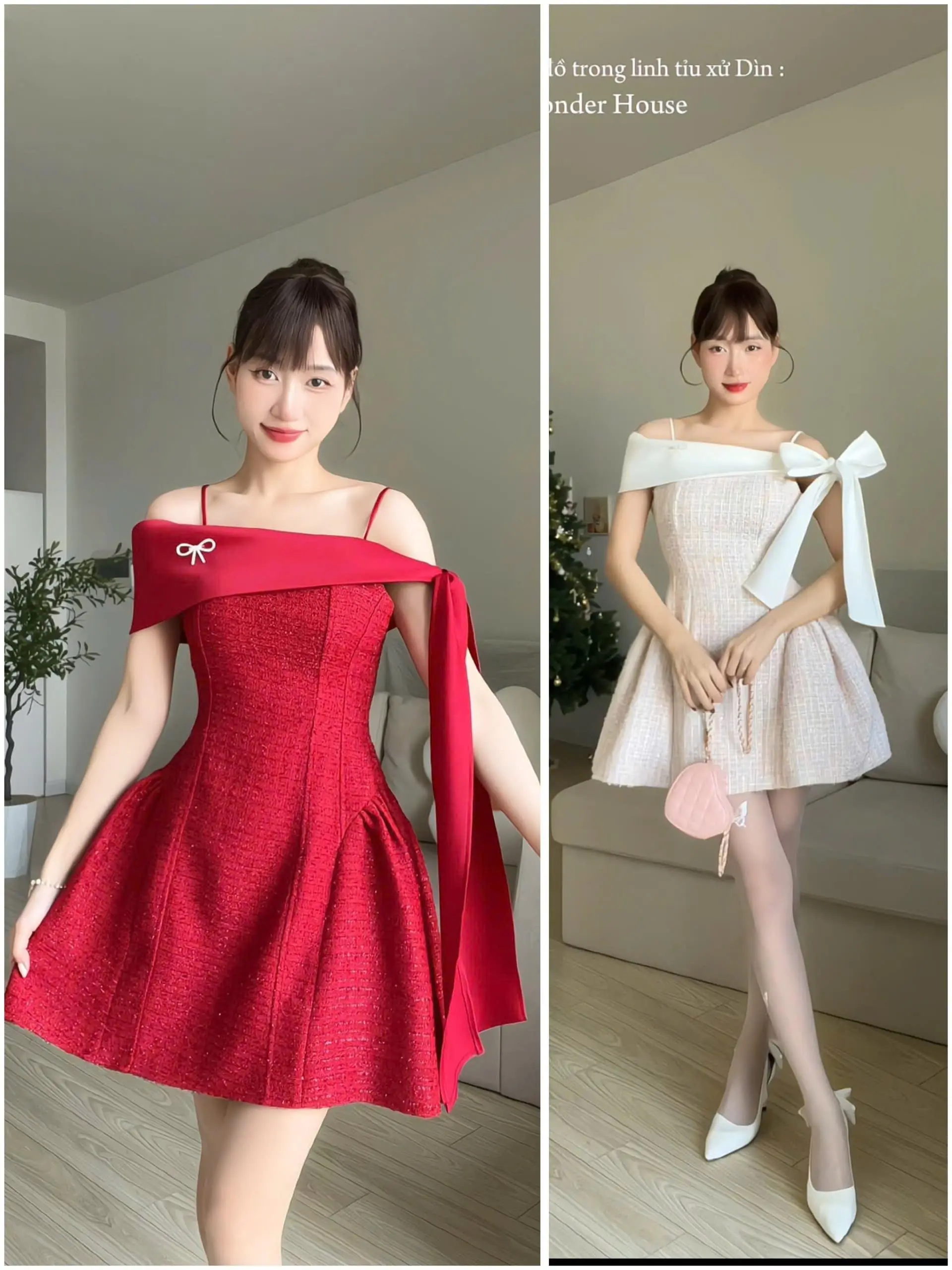 Mina Dress Wonderhouse Đầm trễ vai nơ chất vải dạ tweed dày dặn sang trọng, hack eo, che khuyết điểm
