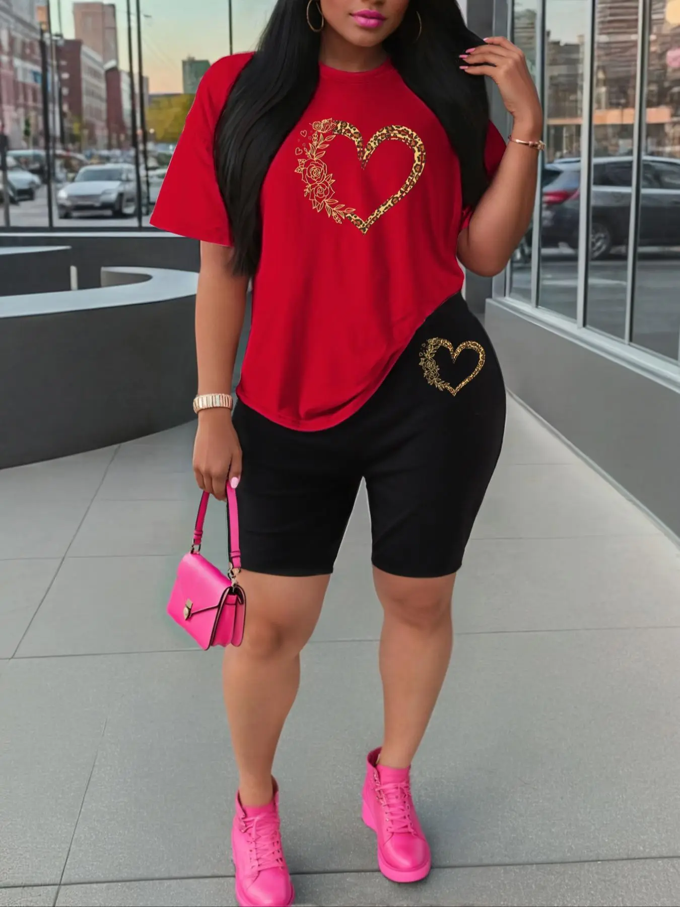 Women's Heart Print Tee & Shorts Set, Casual Round Neck Short Sleeve T-shirt & Skinny Shorts, Ladies Sportswear for Indoor Outdoor Wear
