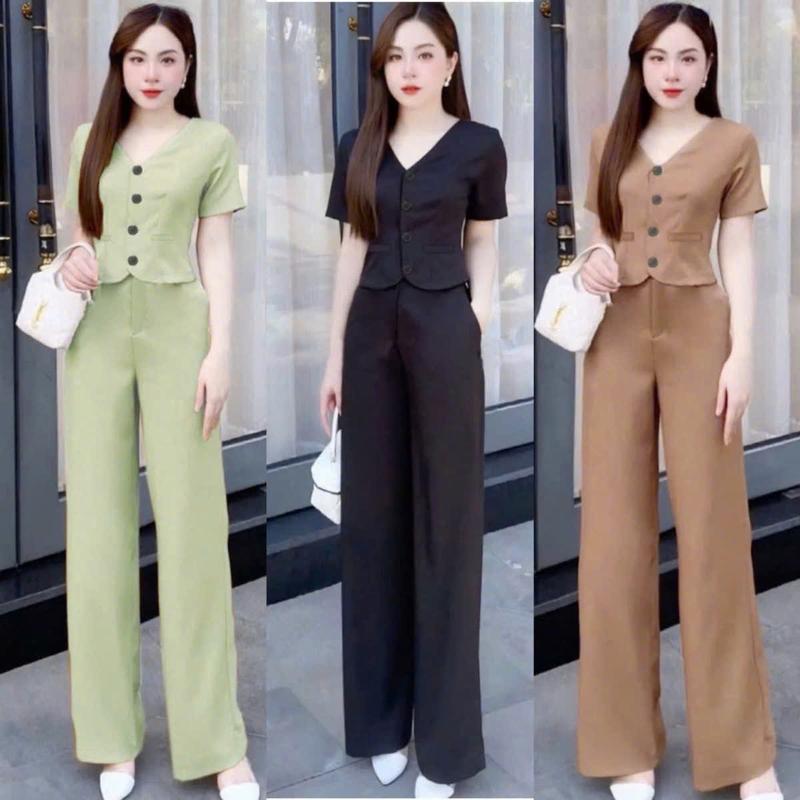 A22-set đồ nữ  áo vest cổ V mix quần dài from xuông ống rộng, thiết kế sang trọng lịch sự , vải lụa Hàn mềm mịn mát , đi làm đi chơi . Đủ size  S,M,L,XL, hoaiphuongshop hoaiphuongxuongmay