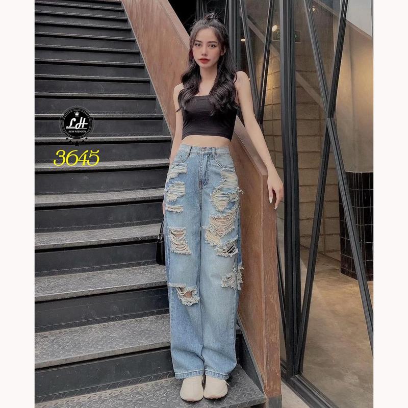 Quần jean nữ ống rộng rách sườn te tua tả tơi siêu chất Lê Huy Fashion MS 3645 Pants Ong
