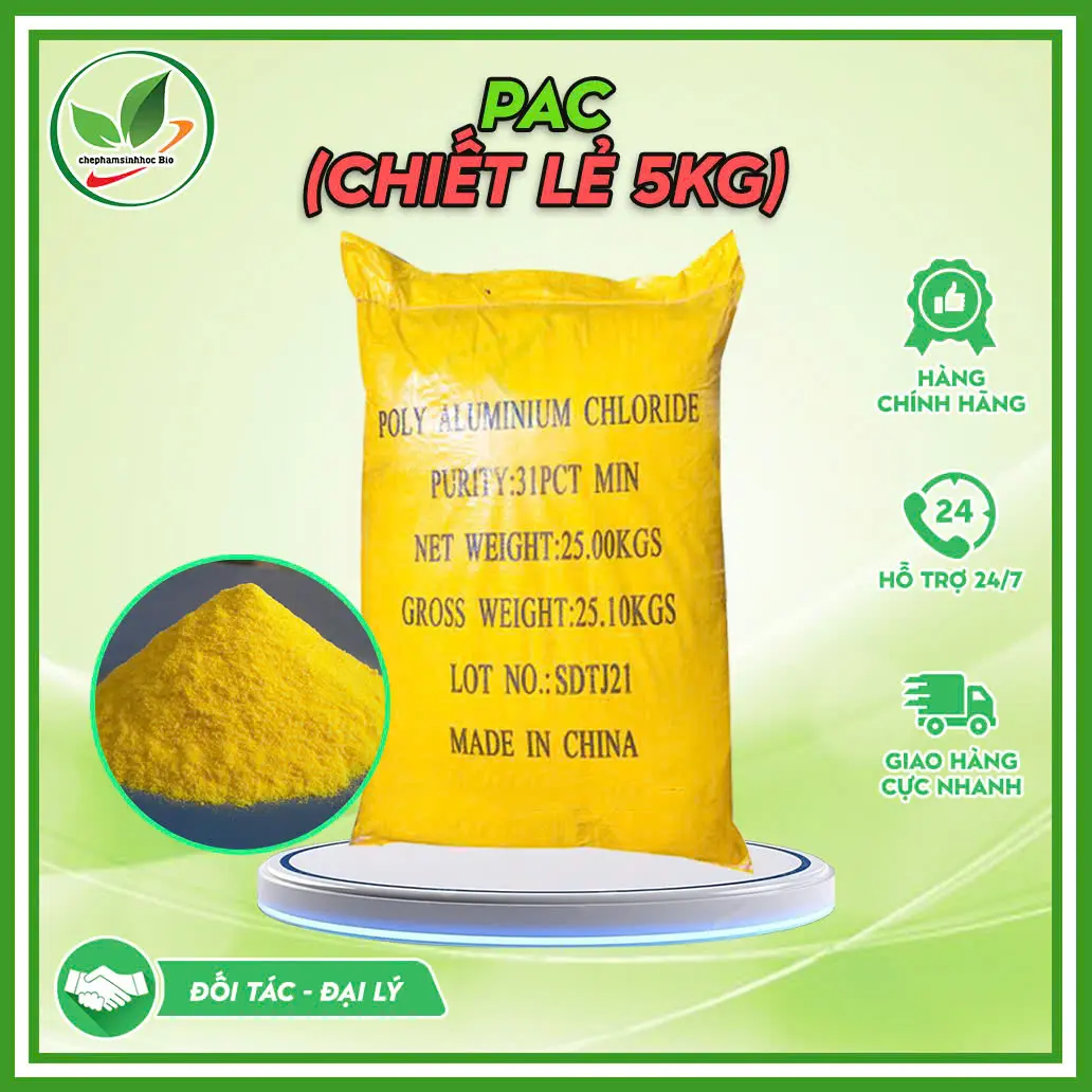 Hóa chất PAC. Xử lý nước thải, trợ lắng. Chiết lẻ túi 5kg màu vàng