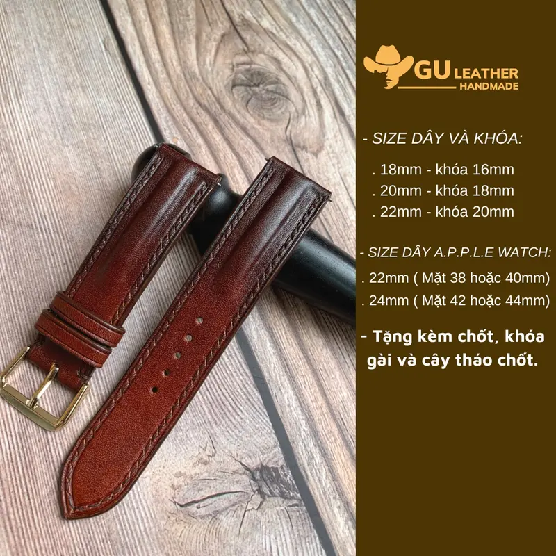 Dây da đồng hồ nam handmade màu patina chất liệu da bò vegtan size dây 18/ 20/ 21/ 22/ 24mm -  Gu Leather 1
