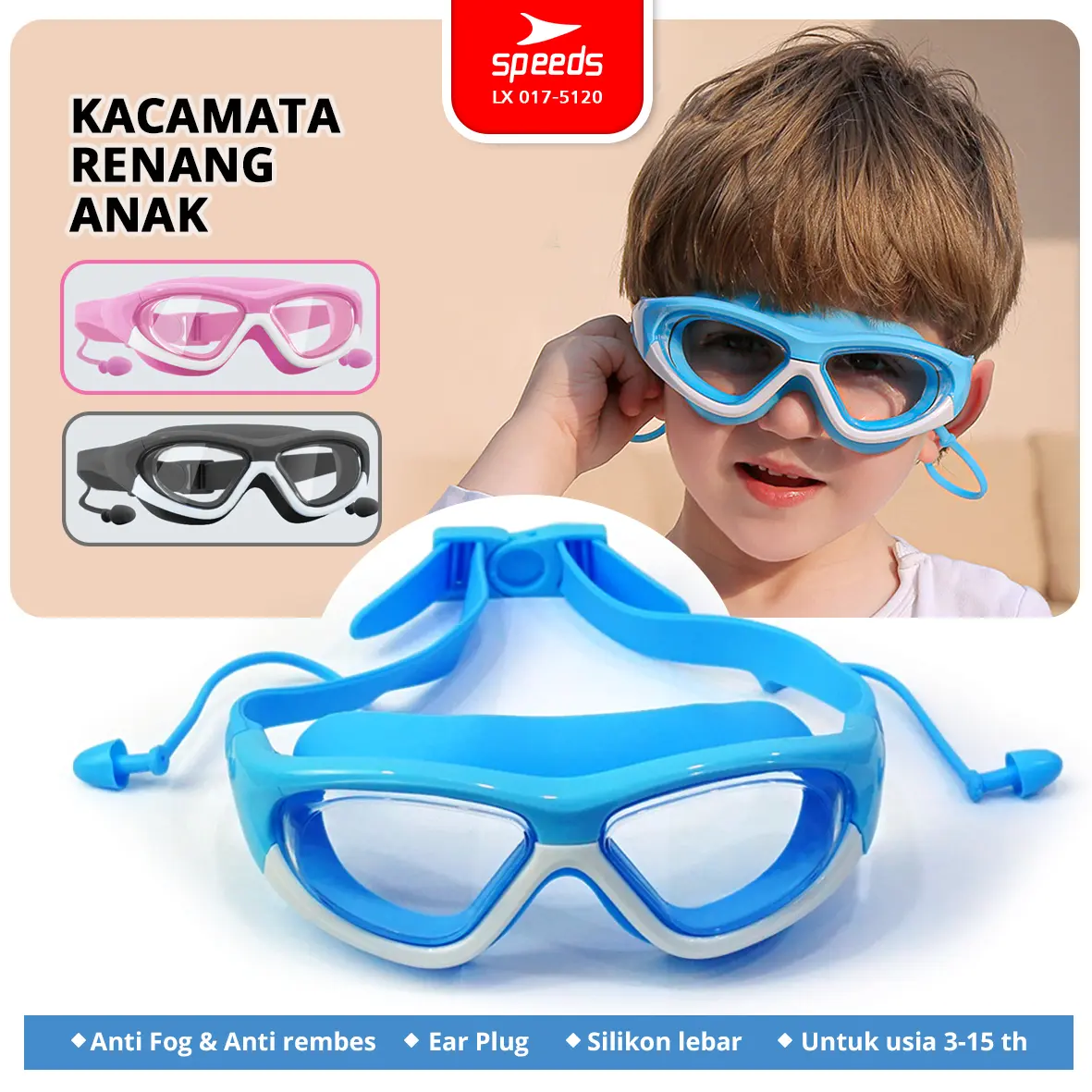 SPEEDS Kacamata Renang Anak Swimming Glasses Elastis Built-In Earplug Kids Goggles Perlengkapan Renang Anti FOG UV 017-5120