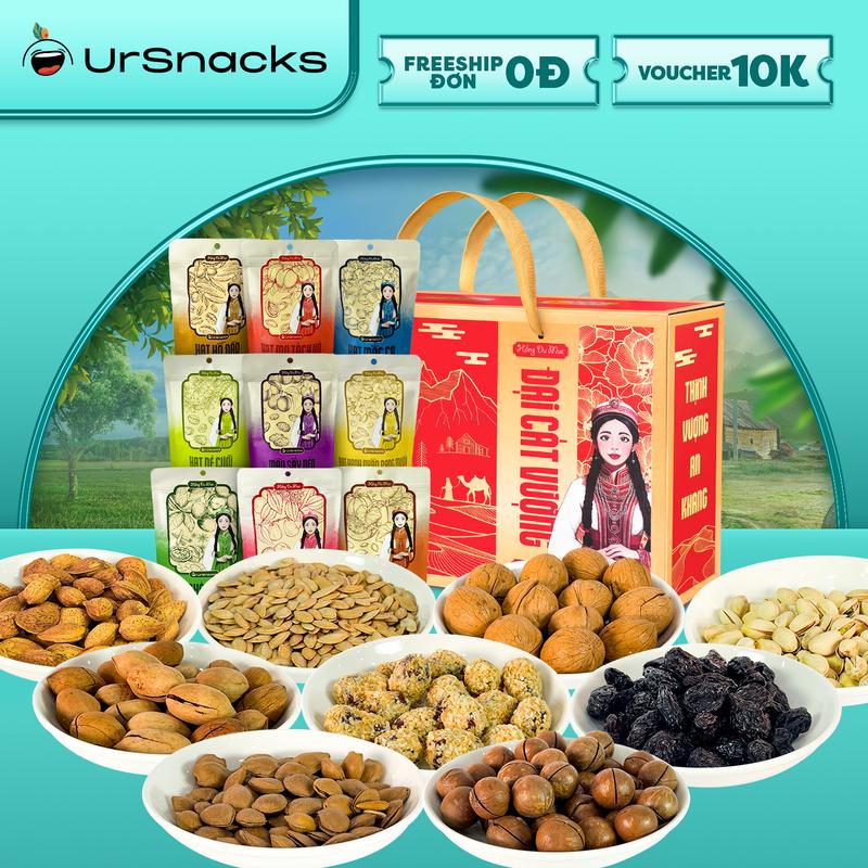 HỘP QUÀ 2025 ĐẠI CÁT VƯỢNG - 9 LOẠI MỨT, HẠT CAO CẤP URSNACKS Food Nuts Ăn Vặt Văn Phòng Ăn Vặt Nội Địa Trung Táo Đỏ