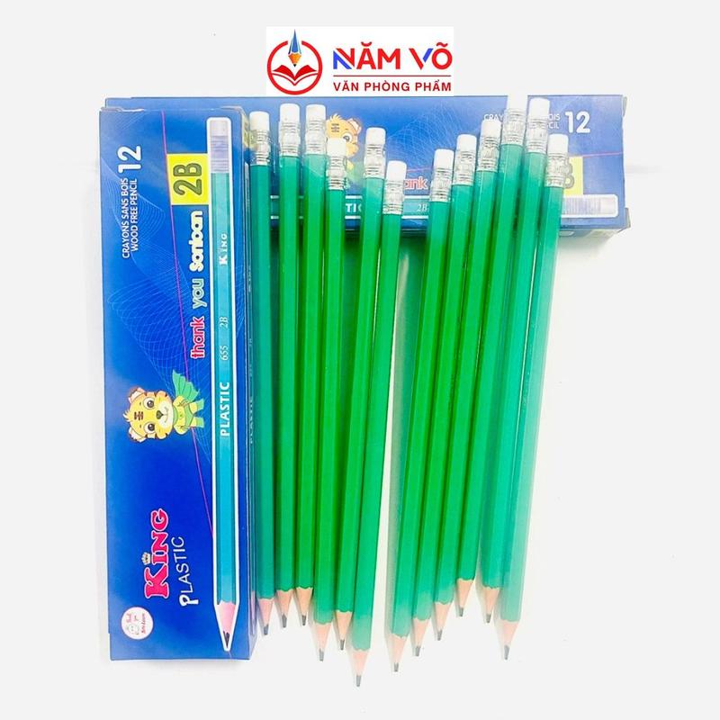 ( 655 ) HỘP 12 Cây Bút Chì Gỗ / Viết Chì Gỗ 2B Thân Màu Xanh King Plastic 655 Có Gôm, Chất Lượng Tốt, Dễ Chuốt, Khó Gãy