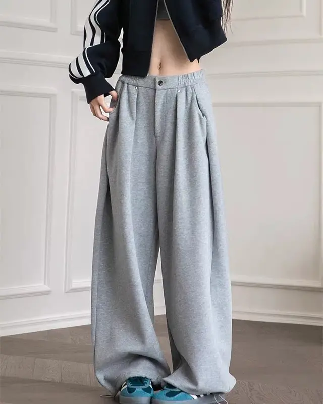 Quần nỉ ống rộng vải nỉ 2 da dày dặn ấm cho mùa đông. Cạp khóa, Form dài rộng thể thao cá tính Nhung Nữ Women Ong Xanh quần  nỉ cúc bấm 4