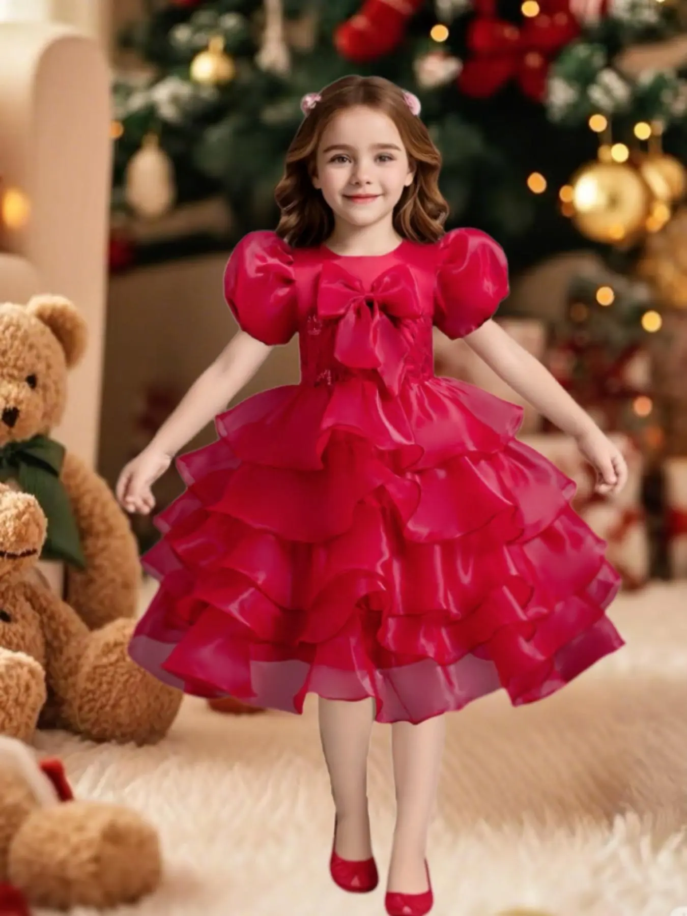 Girl's Solid Bow Decor Party Dress, Elegant Puff Sleeve Round Neck Tiered Layer Dress for Party Wedding Guest, Kids Clothes for All Seasons