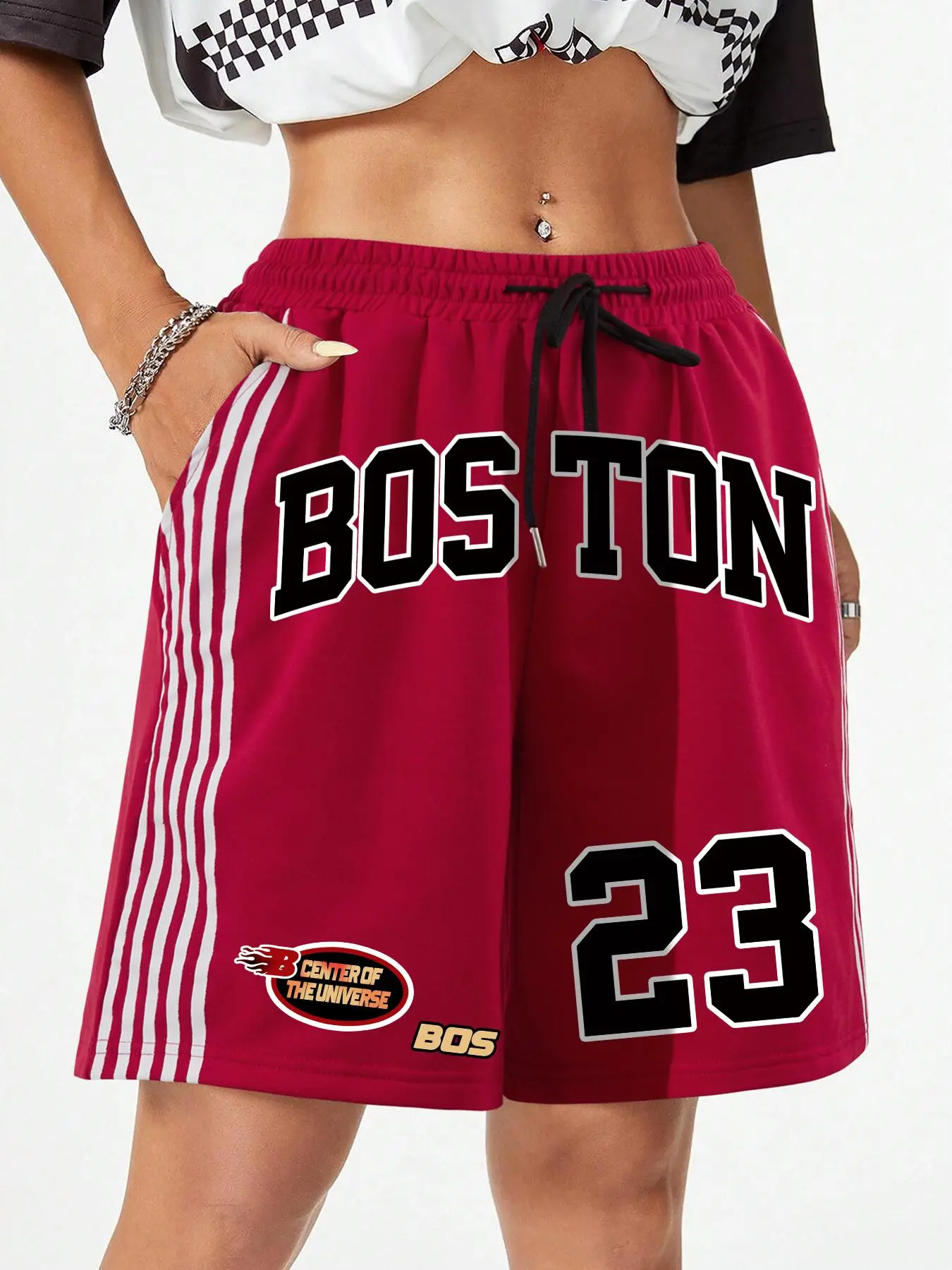 Women's Striped Print Basketball Shorts, Casual Comfy Breathable Shorts for Daily Outdoor Wear, Ladies Bottoms for Summer