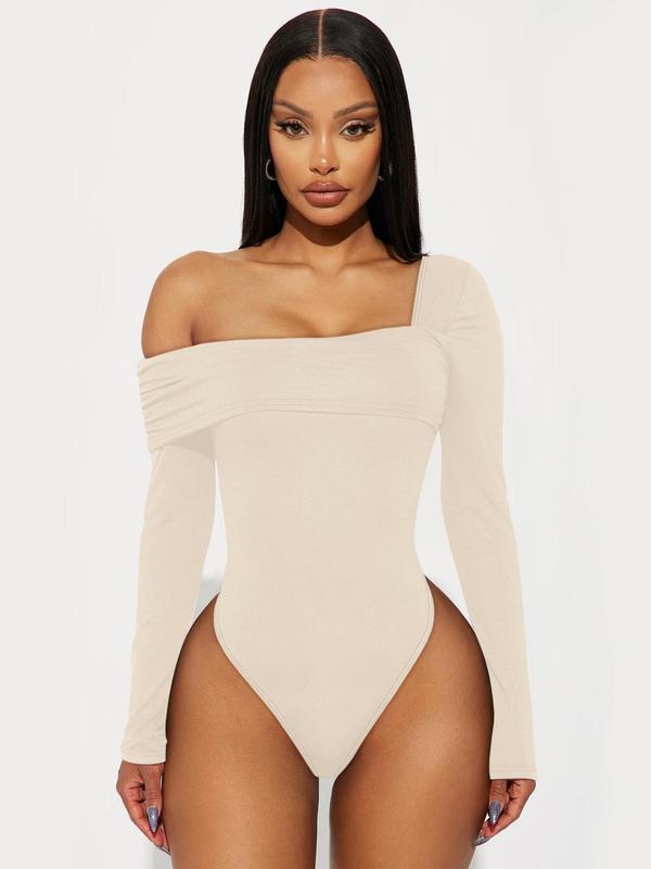 Women's Solid Color One Shoulder Bodysuit, Casual Plain Tight Long Sleeve Bodysuit for Spring & Fall, Gyatt Bodysuit, Women's Clothes for Daily Wear Outdoor 4