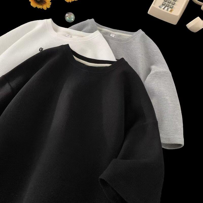 Product Introduction of M-8XL Korean Basic Waffle Oversize Top Men Casual Loose Plain Short Sleeve Plus Size T Shirt 4
