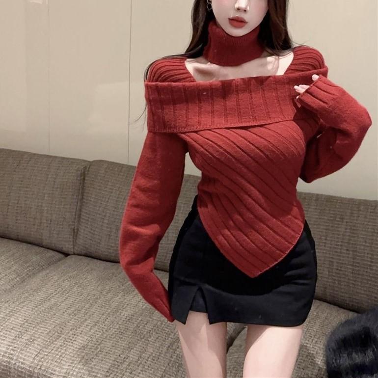 Product Introduction of Áo Len Cổ Vuông, Màu Trơn Dây Treo Cổ Dài Tay, Dành Cho Nữ, Mùa Thu Và Mùa Đông, Nhẹ Nhàng Và Gợi Cảm, Thiết Kế Bất Đối Xứng Ôm Sát, Áo Len 4