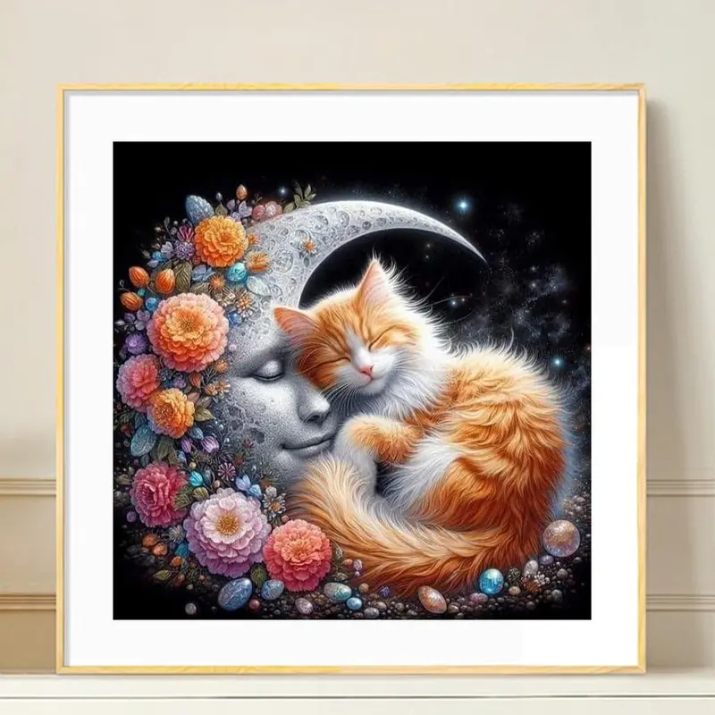 Cat & Flower Pattern 5D Diamond Arts Colorful Painting Kit without Frame, Tool Kits Full Round Diamond Paint Planet Room Decor 3