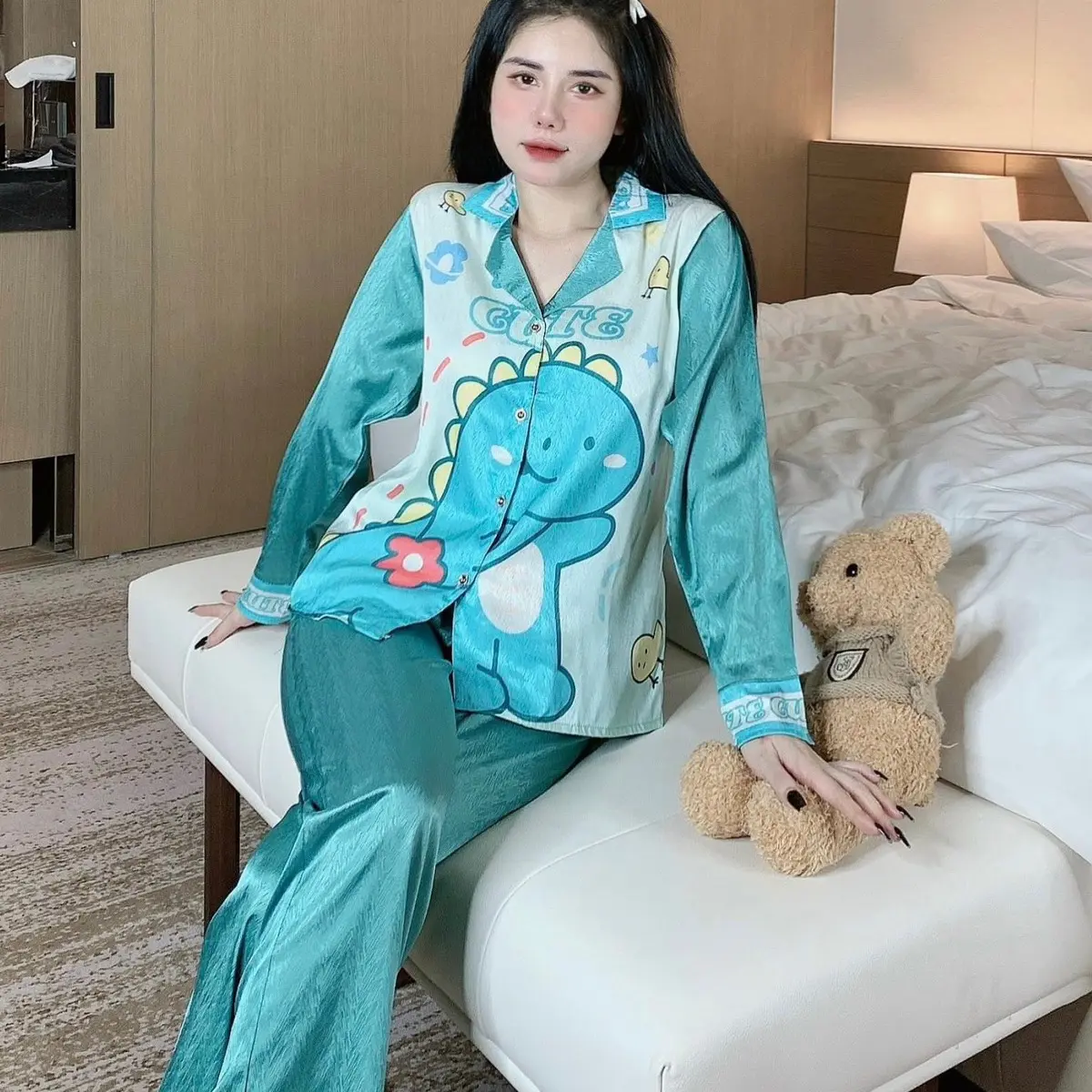 Đồ bộ pijama tay dài quần dài, chất lụa tơ xước mềm mượt, free size 40-60kg