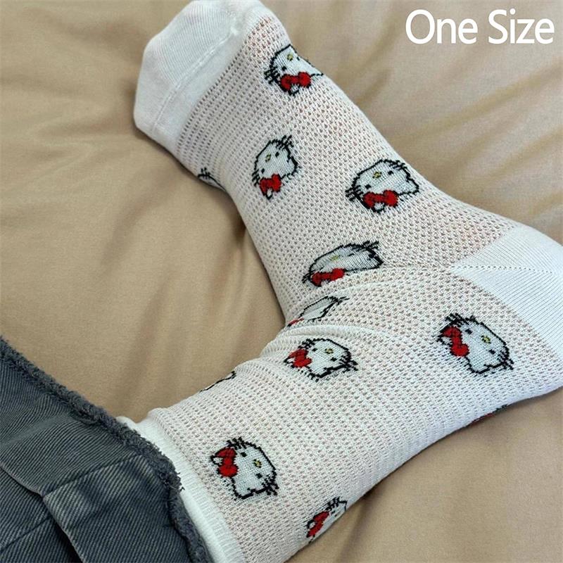 Product Introduction of Cartoon Sanrio Socks Cute Hello Kitty Bow Mid-tube Socks Cotton Thin  Mesh Hollow Breathable Socks Sweet Girly Heart Gifts 0
