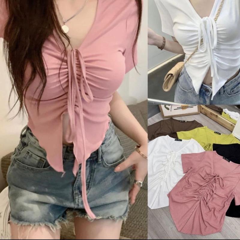 Áo Croptop  Rút Dây,Áo Thun Rút daay Tay Ngắn Vải Dệt Kim Thun Gân Lên Phom Dễ Thương Sơ Mi Nữ mã 54a