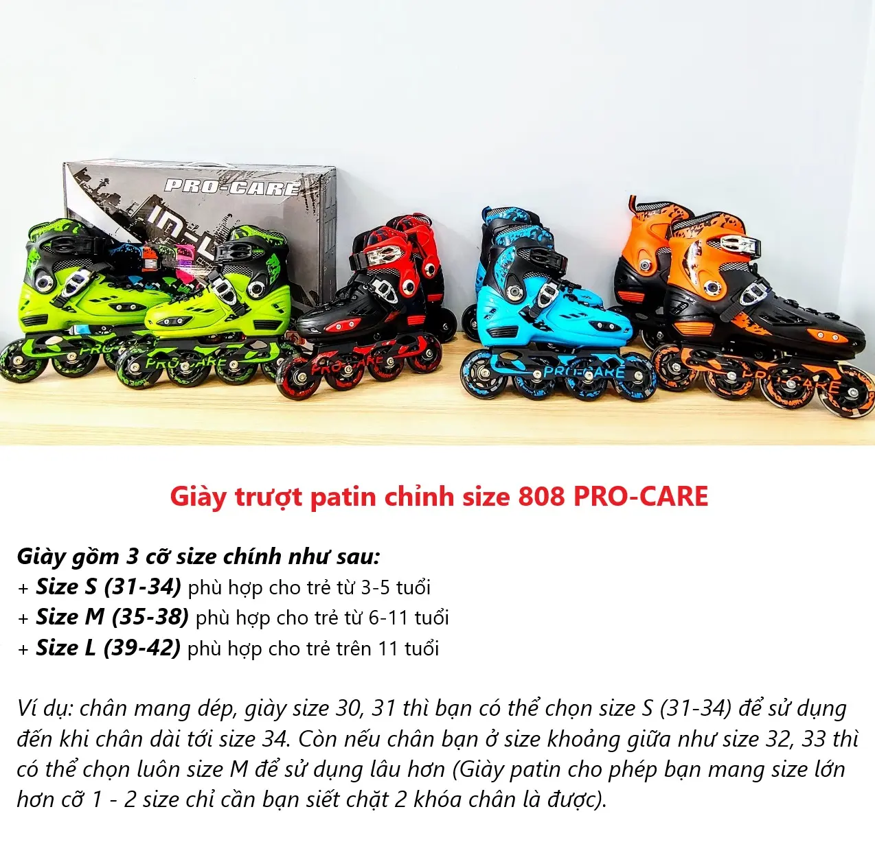 Giày Trượt Patin 1 Hàng Bánh 808 PRO-CARE (có thể điều chỉnh kéo dài thêm 3 size) - Hàng Chính Hãng Giày Patin Sport