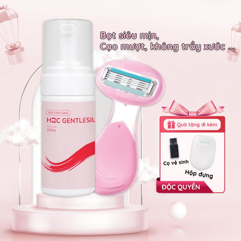 Dao cạo 4 lưỡi, Bọt cạo lông H2c GentleSilk toàn thân và bikini 100ml dịu nhẹ cho da (có che tên), bọt Cạo Râu