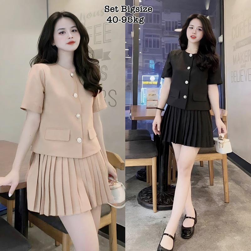 Thời Trang Bigsize Set Bộ Váy Xếp Ly Thiết Kế Cao Cấp Mix Áo Cộc Tay Cổ Tròn Đứng Form Vải Cotton Thái Cao Cấp Hot Hit Nữ Xinh Đẹp Sang Trọng Dễ Thương Giá Rẻ 40-95kg Nhung Kem Voi Women