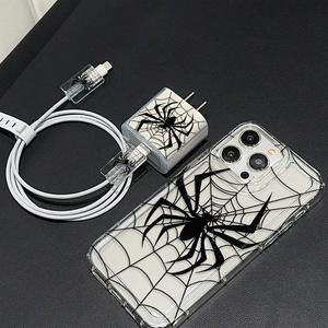 Funda para celular con patrón de telaraña, protector de cable y cuerda de almacenamiento, funda protectora anticaída para iPhone, cubierta completa a prueba de golpes