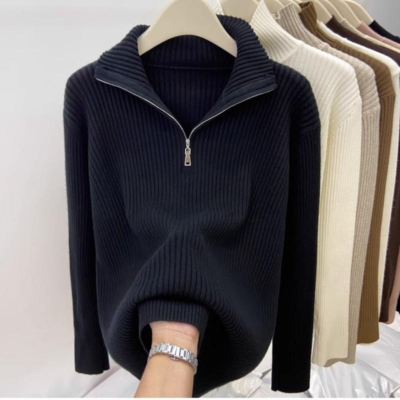 200 Wearable plus Size Polo Top Women's Autumn and Winter Half-High Collar Half-Open Zipper Sweater Loose Slimming Sweater Fashion 0