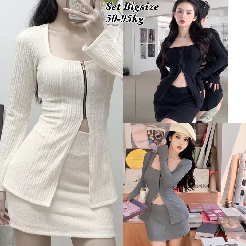 Set Bigsize Thun Xốp Nhật Thiết Kế Áo Tay Dài Khoét Eo Cột Dây Sau Lưng Váy Có Lót Trong Hot Hit Thời Trang Bigsize Nữ đẹp Sang Chảnh Set Bộ Đồ Thun Tăm Tay Dài Xinh Đẹp Feesize 50-100kg Ennhocobigsize Đen Set Thun Áo và Quần Set Đồ Đẹp Nữ Top Wo - 2060