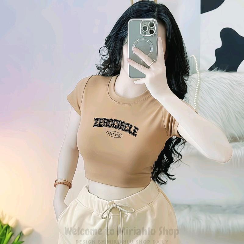 Áo Thun Croptop Borip Ôm Body Nữ Form Basic In Chữ Zero Circle, Women Voi Cổ Tròn Voan Trắng Dáng Ngắn 3